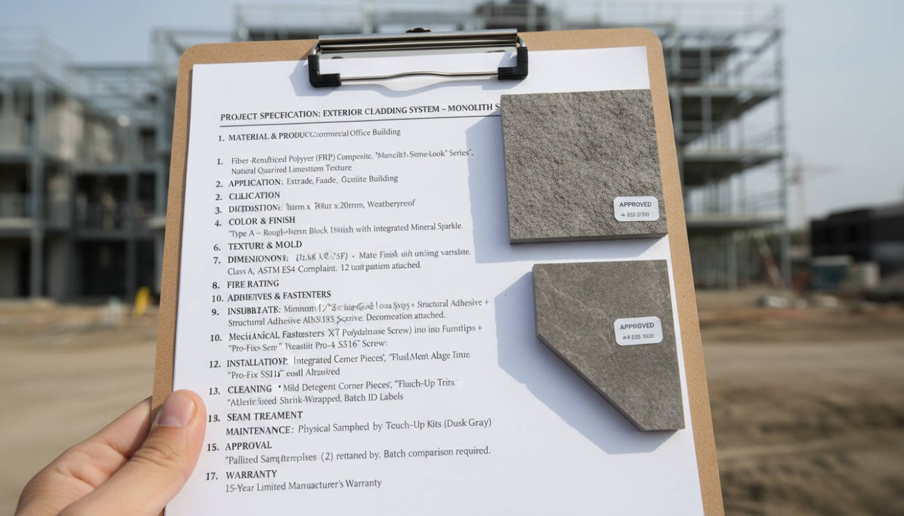 Project wall panel specification with approved samples for commercial cladding material selection